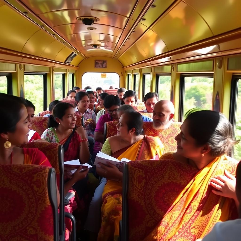 A vibrant scene inside a Sri Lankan train, featuring a diverse group of passengers enjoying the journey