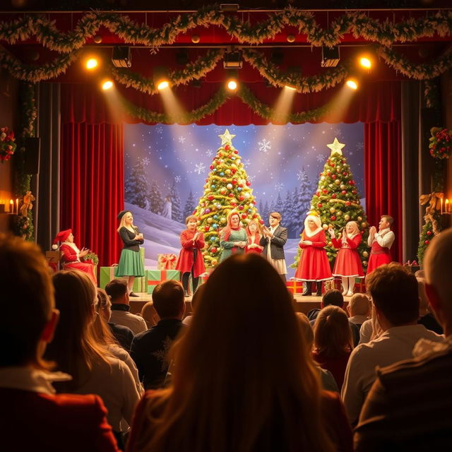 A theater scene viewed from the audience's perspective, showcasing a Christmas-themed stage