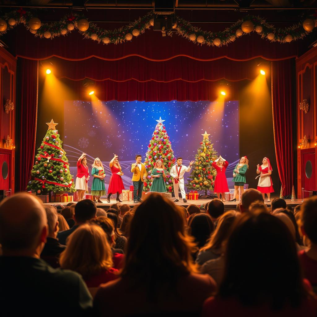 A theater scene viewed from the audience's perspective, showcasing a Christmas-themed stage