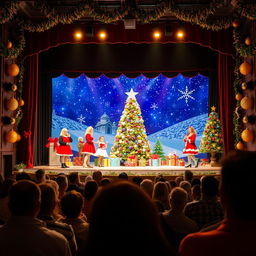A theater scene viewed from the audience's perspective, showcasing a Christmas-themed stage