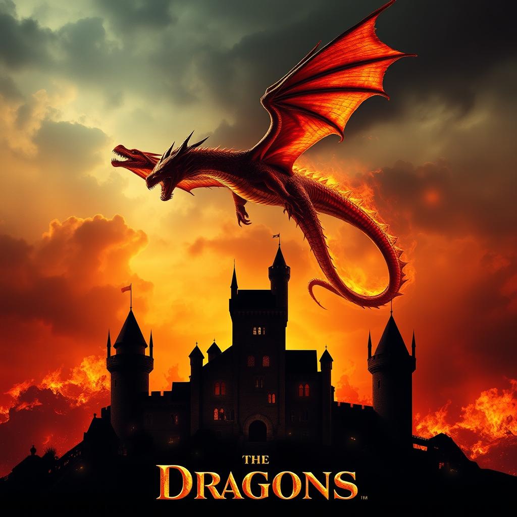 A dramatic movie poster featuring a majestic fire-breathing dragon soaring across a fiery sky