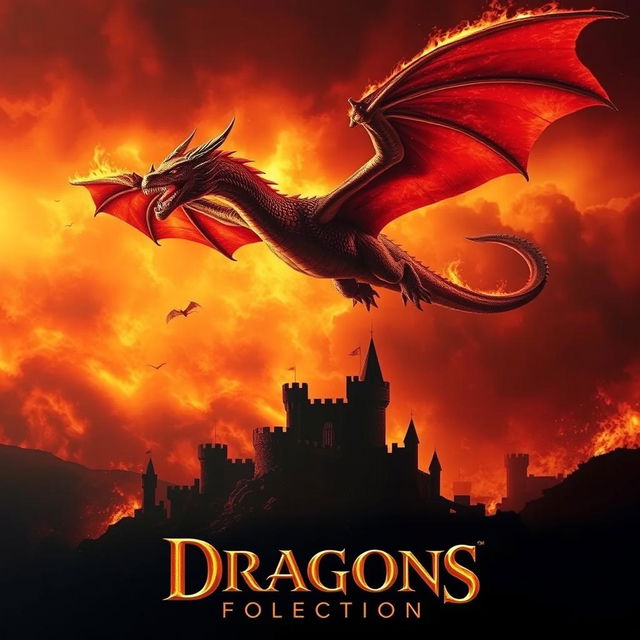 A dramatic movie poster featuring a majestic fire-breathing dragon soaring across a fiery sky