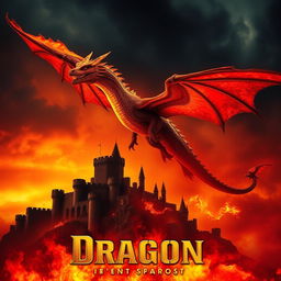 A dramatic movie poster featuring a majestic fire-breathing dragon soaring across a fiery sky