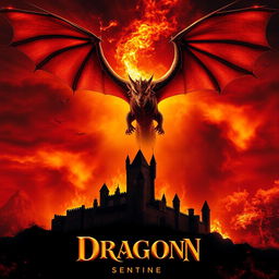 A dramatic movie poster featuring a majestic fire-breathing dragon soaring across a fiery sky