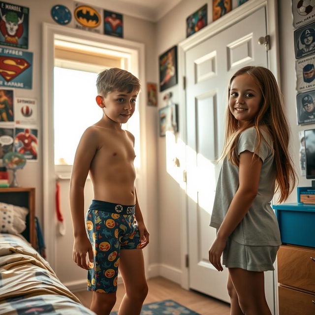 A boy in his bedroom wearing colorful patterned underwear, looking surprised as he sees a girl standing at the door