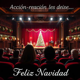 A theater scene viewed from the audience perspective, showcasing a vibrant and festive Christmas setting on stage