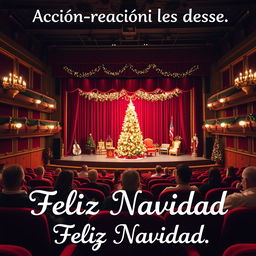 A theater scene viewed from the audience perspective, showcasing a vibrant and festive Christmas setting on stage