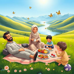 A delightful scene depicting a Muslim family enjoying a picnic in a sunny green valley