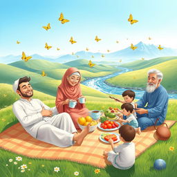 A delightful scene depicting a Muslim family enjoying a picnic in a sunny green valley