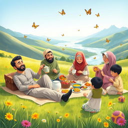 A delightful scene depicting a Muslim family enjoying a picnic in a sunny green valley