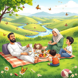 A delightful scene depicting a Muslim family enjoying a picnic in a sunny green valley