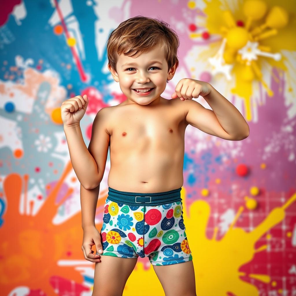 A striking image of a boy in colorful patterned underwear, posed confidently against a vibrant, abstract background