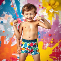 A striking image of a boy in colorful patterned underwear, posed confidently against a vibrant, abstract background