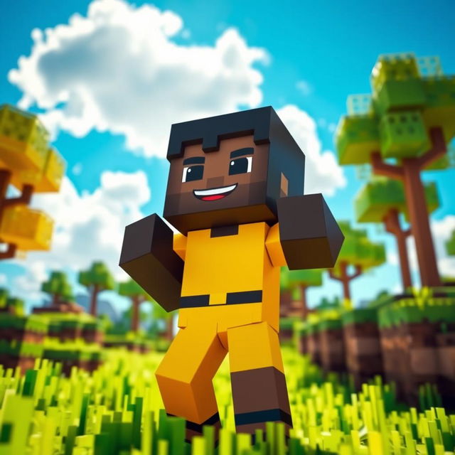 A pixelated Minecraft character with the skin of a black man, wearing bright yellow clothes and stylish black pants, standing in a vibrant Minecraft landscape filled with green grass and blocky trees