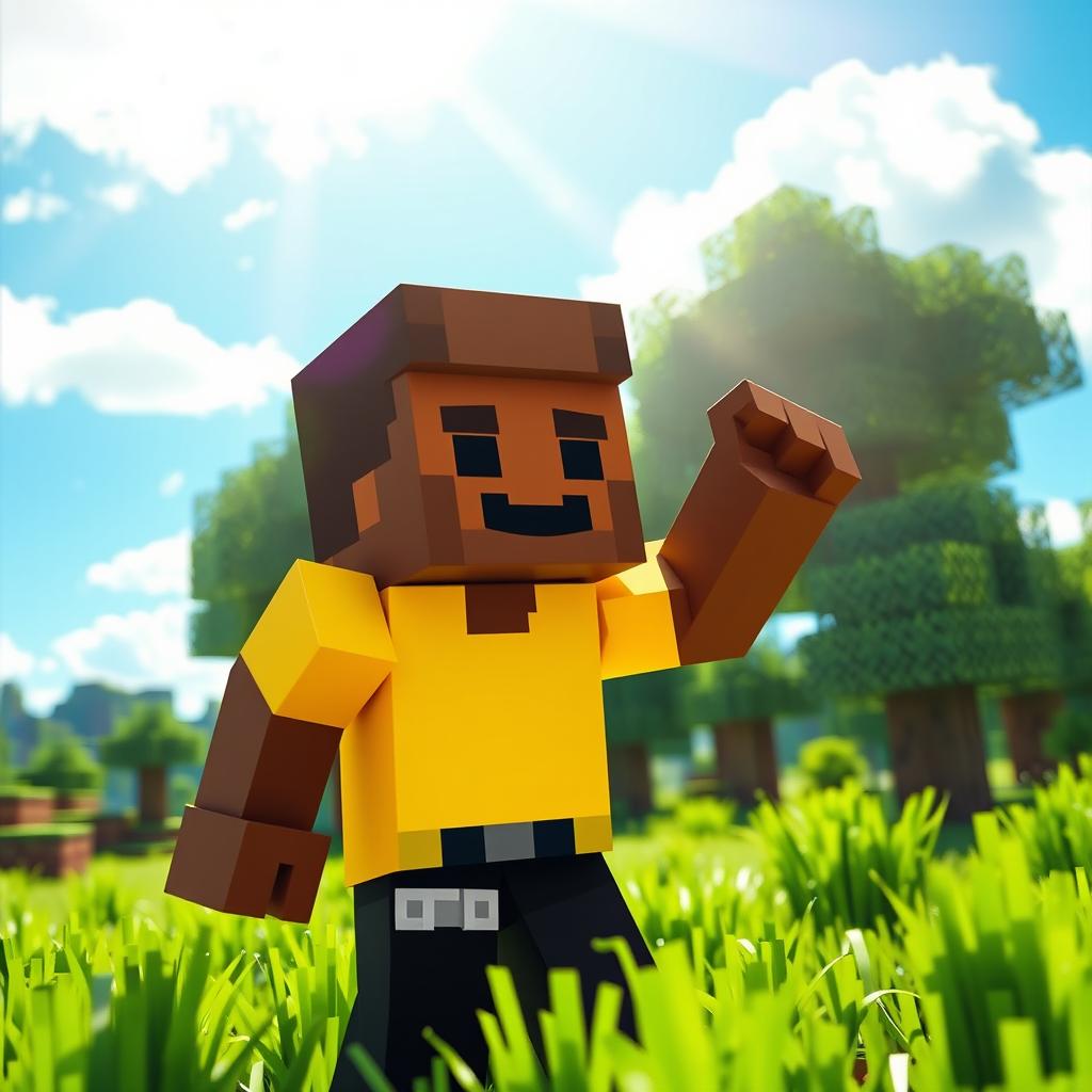 A pixelated Minecraft character with the skin of a black man, wearing bright yellow clothes and stylish black pants, standing in a vibrant Minecraft landscape filled with green grass and blocky trees