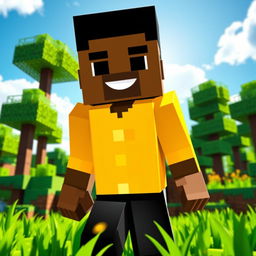 A pixelated Minecraft character with the skin of a black man, wearing bright yellow clothes and stylish black pants, standing in a vibrant Minecraft landscape filled with green grass and blocky trees
