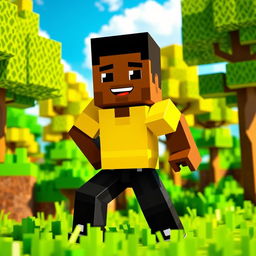 A pixelated Minecraft character with the skin of a black man, wearing bright yellow clothes and stylish black pants, standing in a vibrant Minecraft landscape filled with green grass and blocky trees