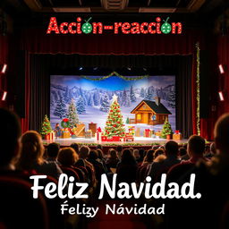 A theater scene viewed from the audience seating, showcasing a vibrant Christmas setting on stage