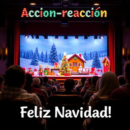 A theater scene viewed from the audience seating, showcasing a vibrant Christmas setting on stage