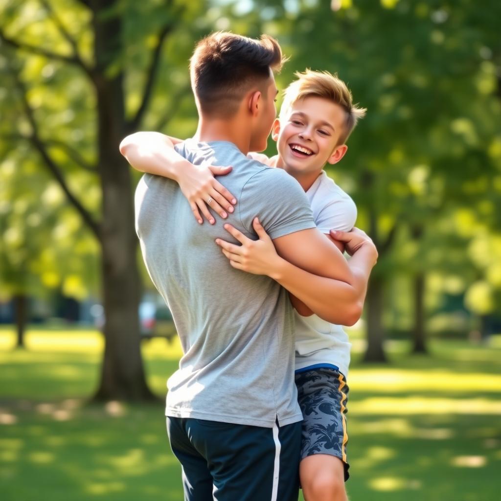 A muscular teenage boy hugging his best friend from behind in a warm and playful manner