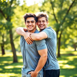 A muscular teenage boy hugging his best friend from behind in a warm and playful manner
