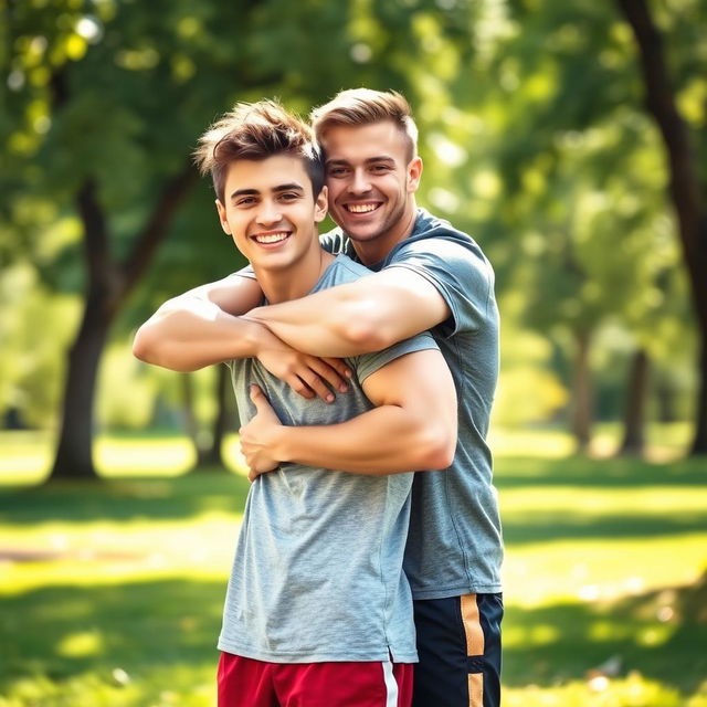 A muscular teenage boy hugging his best friend from behind in a warm and playful manner