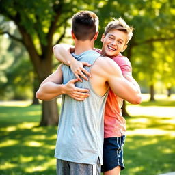 A muscular teenage boy hugging his best friend from behind in a warm and playful manner