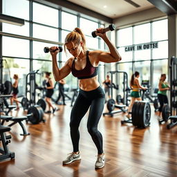 A dynamic fitness scene showcasing an athletic woman engaged in a high-intensity workout in a modern gym