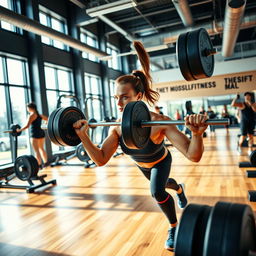 A dynamic fitness scene showcasing an athletic woman engaged in a high-intensity workout in a modern gym