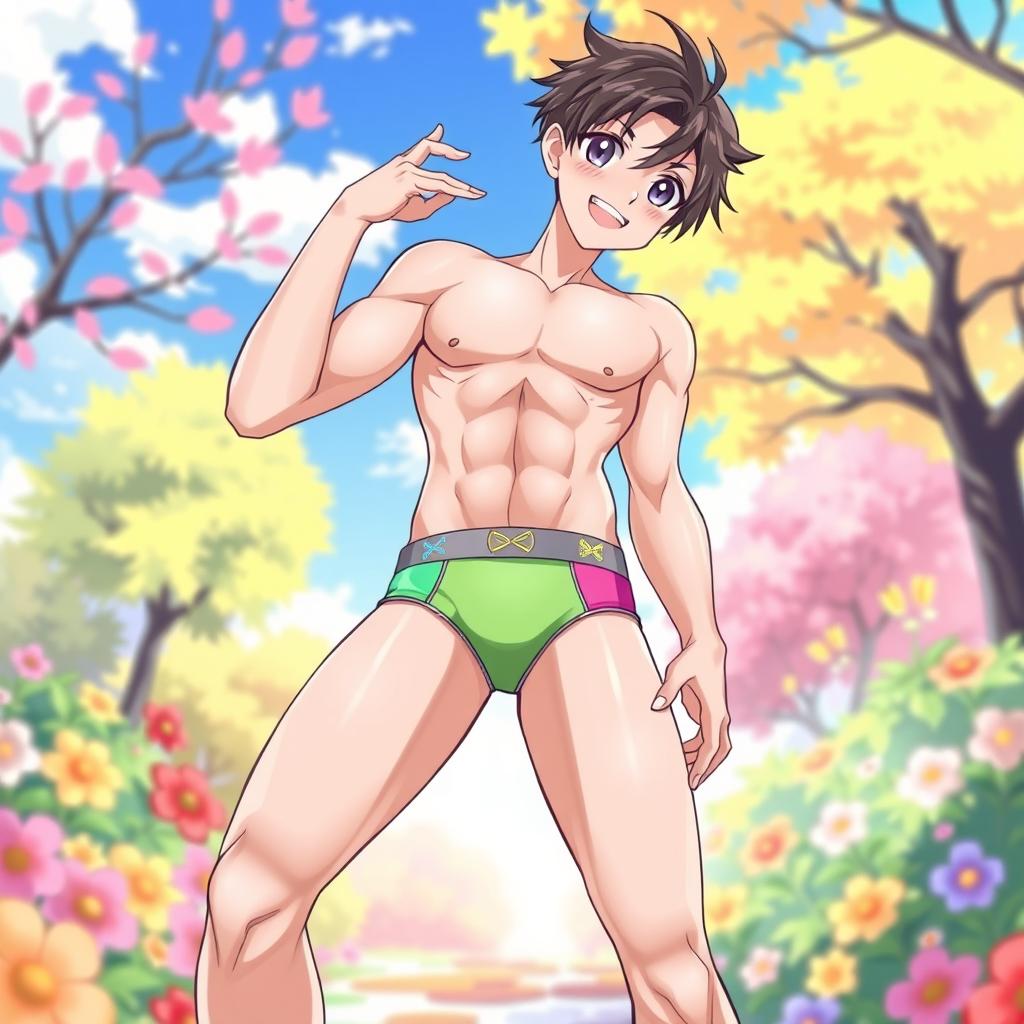 A full-body illustration of a male anime character in colorful, stylish shota briefs, featuring bright and playful colors