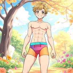 A full-body illustration of a male anime character in colorful, stylish shota briefs, featuring bright and playful colors