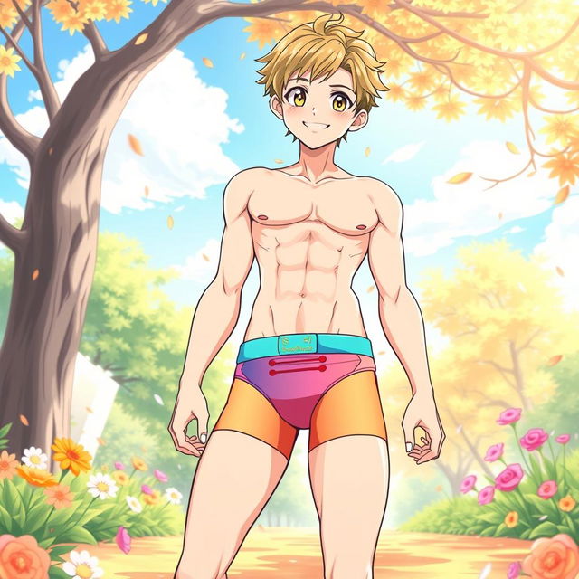 A full-body illustration of a male anime character in colorful, stylish shota briefs, featuring bright and playful colors