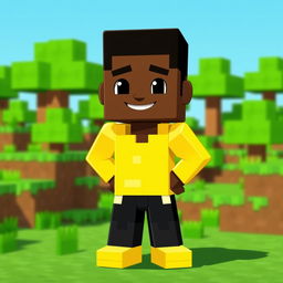 A stylized representation of a black man character in Minecraft, wearing bright yellow clothing and black pants