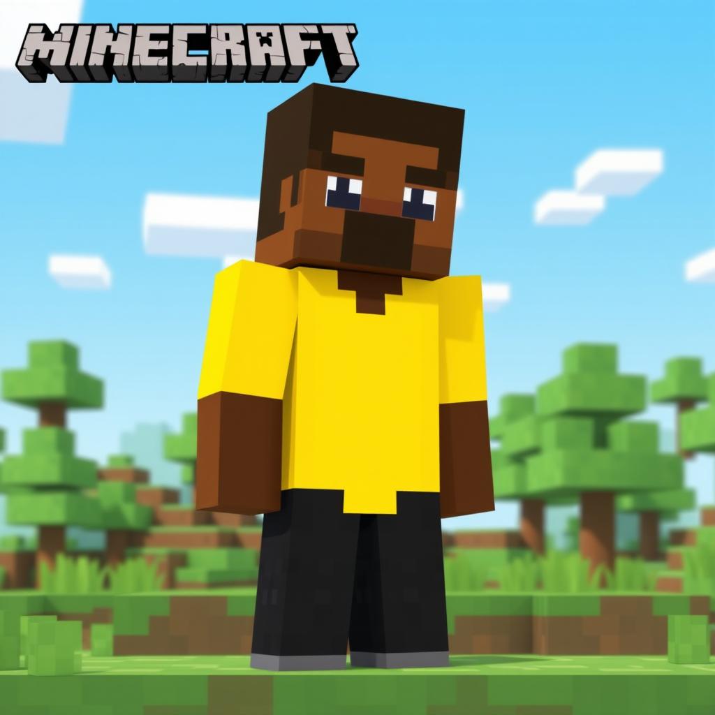 A stylized representation of a black man character in Minecraft, wearing bright yellow clothing and black pants