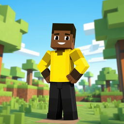 A stylized representation of a black man character in Minecraft, wearing bright yellow clothing and black pants