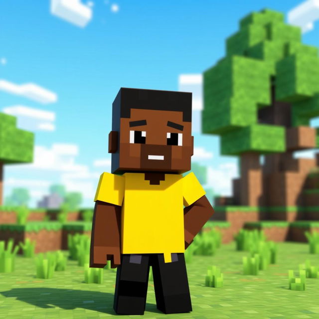 A stylized representation of a black man character in Minecraft, wearing bright yellow clothing and black pants