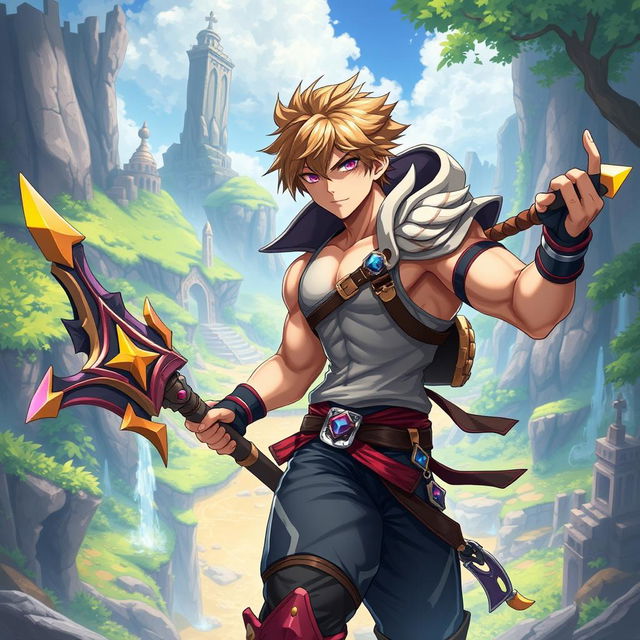 A muscular young male character inspired by Genshin Impact, exhibiting a fantasy warrior aesthetic