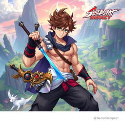 A muscular young male character inspired by Genshin Impact, exhibiting a fantasy warrior aesthetic