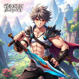A muscular young male character inspired by Genshin Impact, exhibiting a fantasy warrior aesthetic