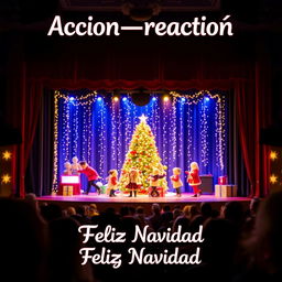 A theater scene viewed from the audience's perspective, showcasing a festive Christmas setting on stage