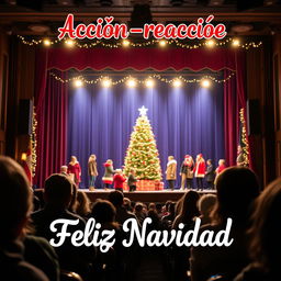 A theater scene viewed from the audience's perspective, showcasing a festive Christmas setting on stage