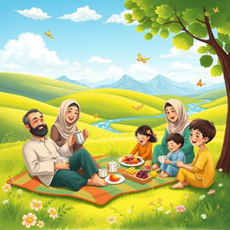 A cheerful Muslim family enjoying a picnic in a sunny green valley