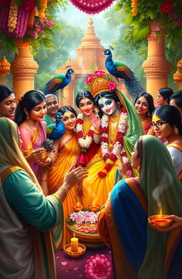 A vibrant digital painting depicting a group of Indian people engaged in a traditional worship ceremony of Radha and Krishna