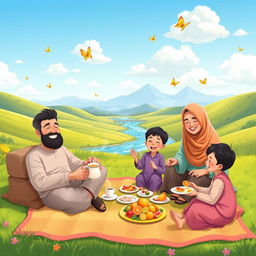 A cheerful Muslim family enjoying a picnic in a sunny green valley