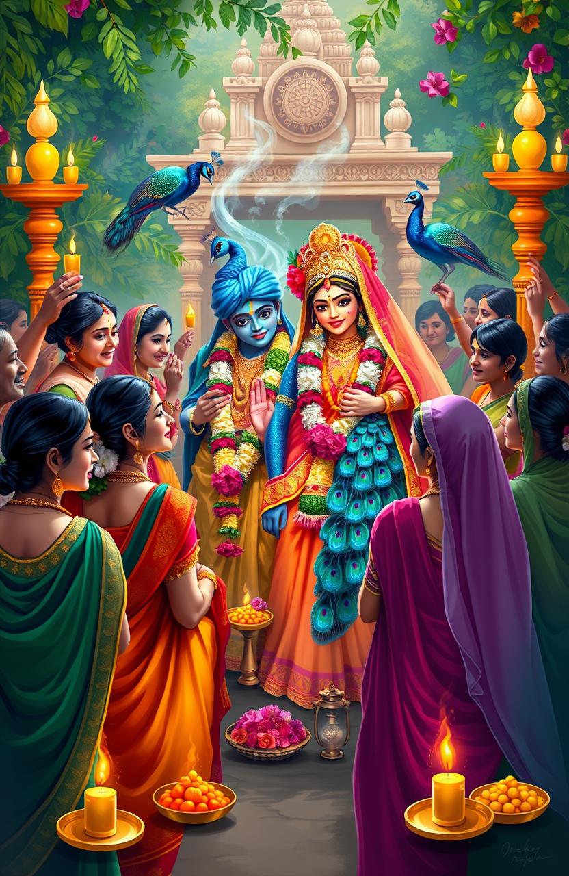 A vibrant digital painting depicting a group of Indian people engaged in a traditional worship ceremony of Radha and Krishna