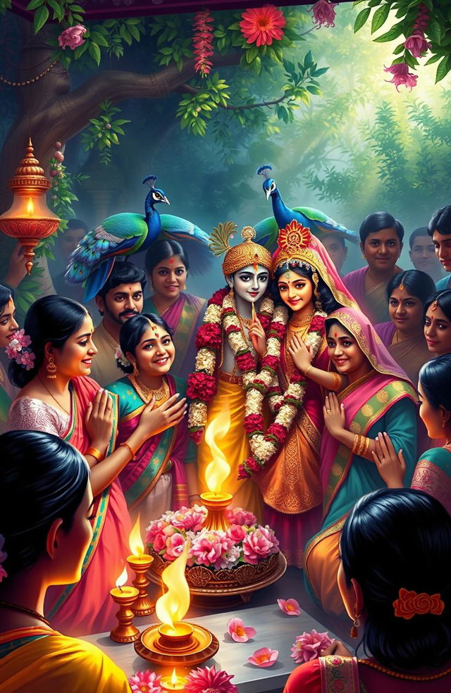 A vibrant digital painting depicting a group of Indian people engaged in a traditional worship ceremony of Radha and Krishna