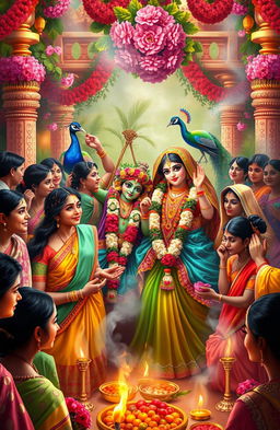 A vibrant digital painting depicting a group of Indian people engaged in a traditional worship ceremony of Radha and Krishna