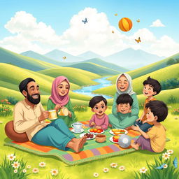 A cheerful Muslim family enjoying a picnic in a sunny green valley