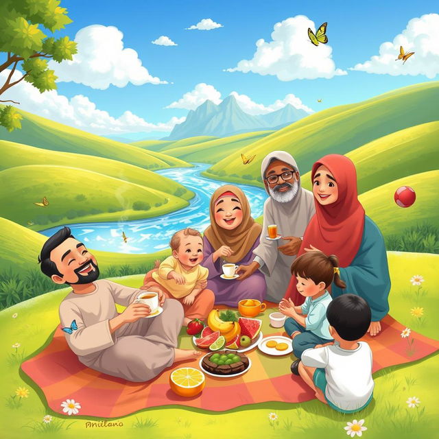 A cheerful Muslim family enjoying a picnic in a sunny green valley