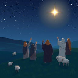 A serene nighttime landscape depicting a group of shepherds in ancient attire gazing up at a bright new star in the sky